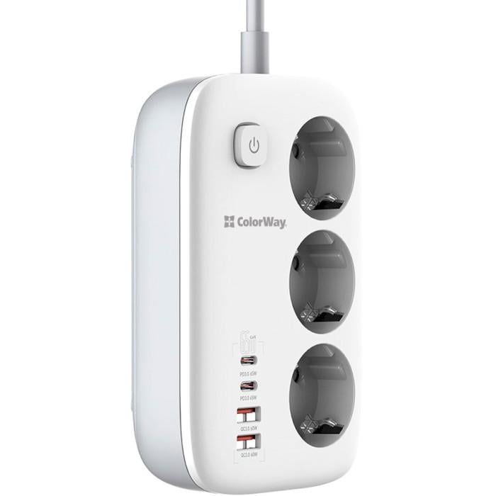 Сетевой фильтр ColorWay CW-CHE34PDW GaN3 Pro PD 65W 3 розетки 2 USB-A 2 USB-C 2 м White (26075395) - фото 7 Сетевой фильтр ColorWay CW-CHE34PDW GaN3 Pro PD 65W 3 розетки 2 USB-A 2 USB-C 2 м White (26075395) - фото 7
