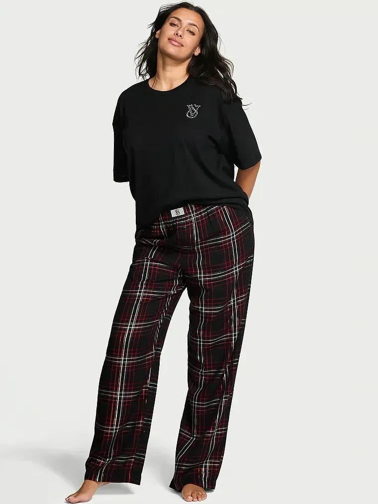 Пижама фланель Victoria's Secret Flannel Short-Sleeve Long Tee-Jama Set Short Short L Черный (27178682D)