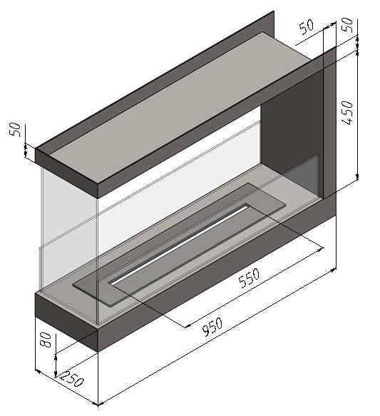 Біокамін вбудований п подібний рамочний 950 мм з пальником та захисним склом в комплекті лінія вогню 550 мм Чорний (11586038) - фото 31