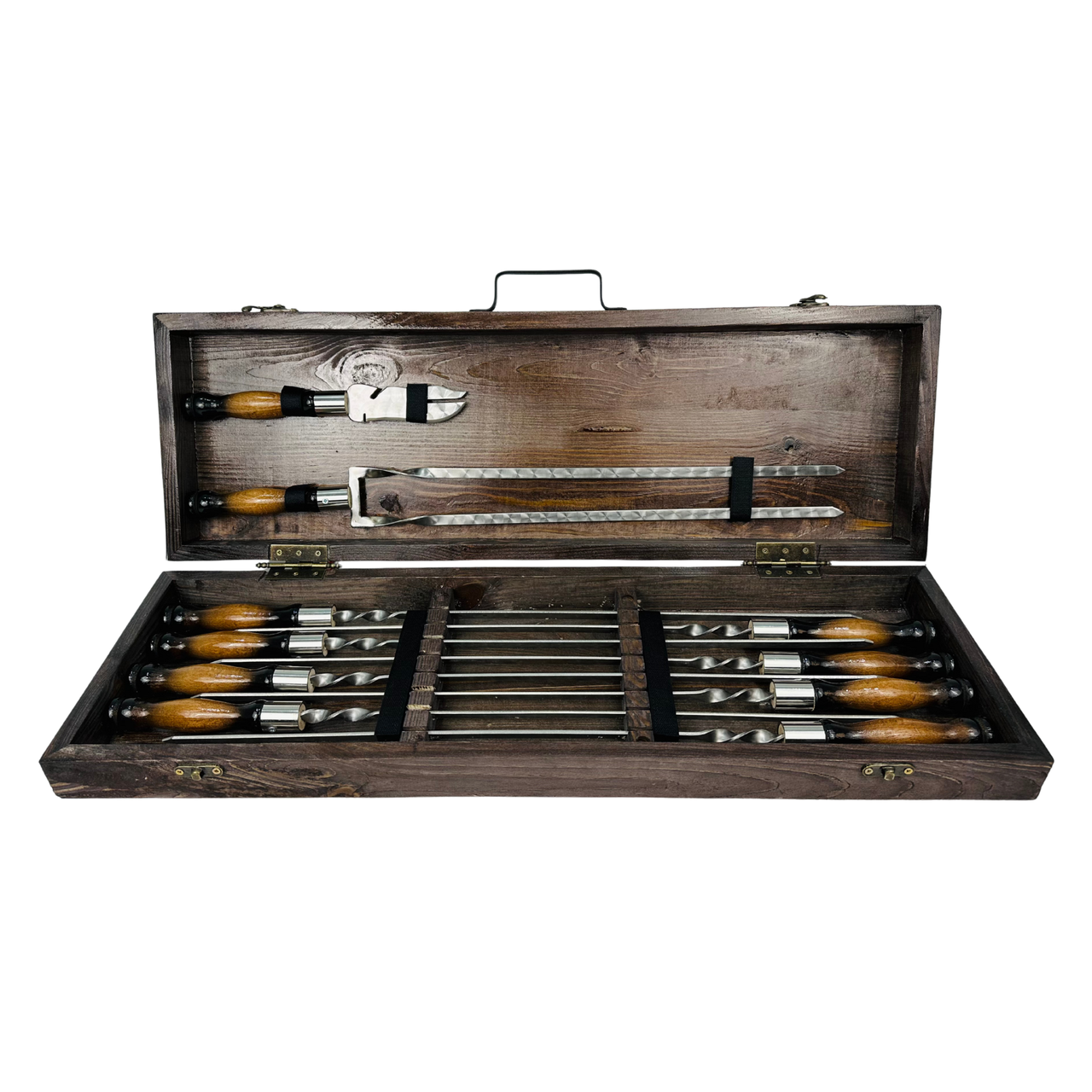 Набор шампуров туристический для пикника и кемпинга Премиум маленький в кейсе с дерева