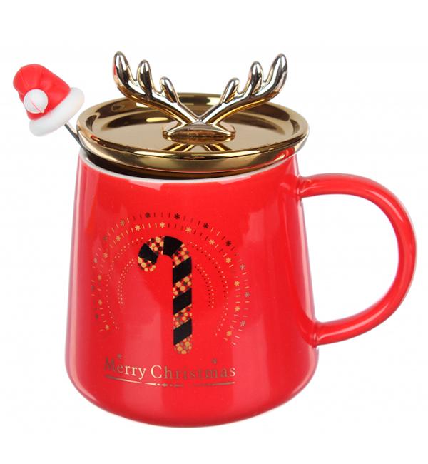 Кружка новогодняя Леденец с крышкой и ложкой керамика 400 мл (13404589)