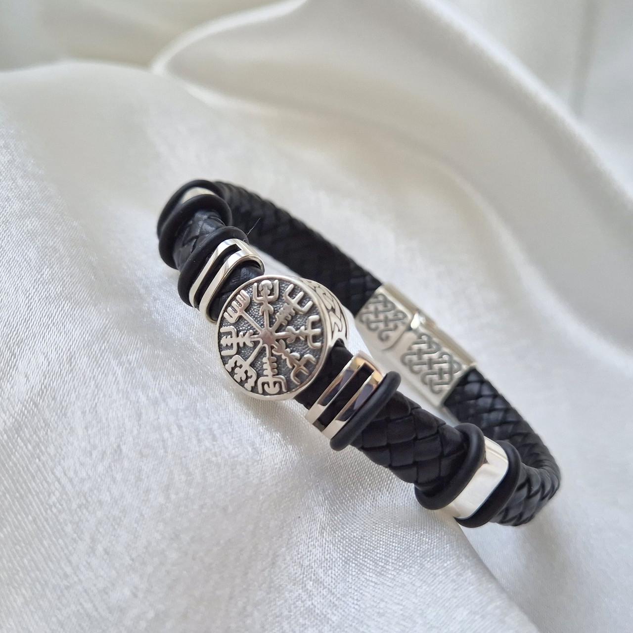 Браслет срібний шкіряний Оберіг рунічний компас 20 см 925 проби чорнене 22,39 г (75324) - фото 7 Браслет срібний шкіряний Оберіг рунічний компас 20 см 925 проби чорнене 22,39 г (75324) - фото 7