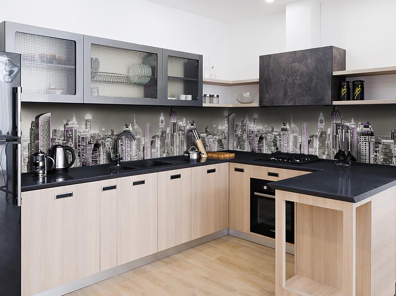 Кухонный фартук Город небоскребы огни из самоклеющейся виниловой пленки 65х250 см Серый