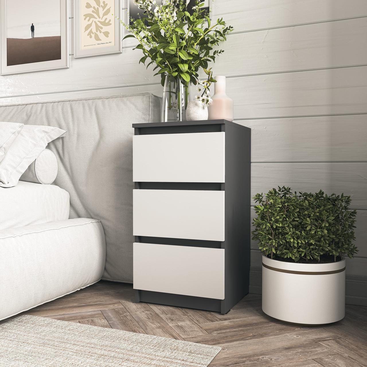 Тумба прикроватная с тремя ящиками и скрытыми ручками Антрацит/Белый (T-216)