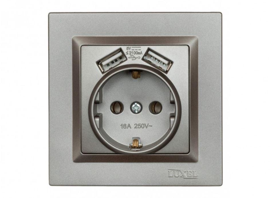 Розетка Luxel Jazz с заземлением и двумя usb портами 2,1 A Графитовый (9730)