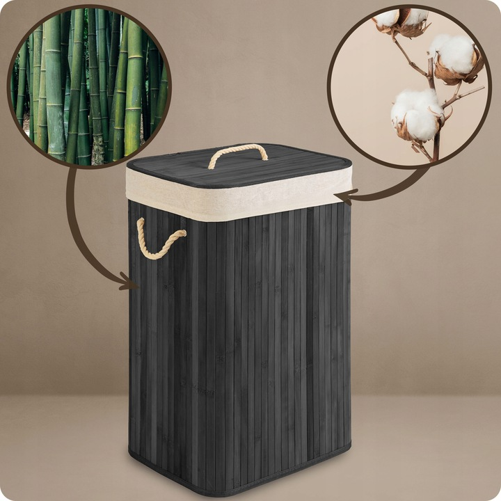 Кошик для білизни бамбуковий Massido 1 відділення знімна вкладка 72 л 61х42х32 см Чорний - фото 4 Кошик для білизни бамбуковий Massido 1 відділення знімна вкладка 72 л 61х42х32 см Чорний - фото 4