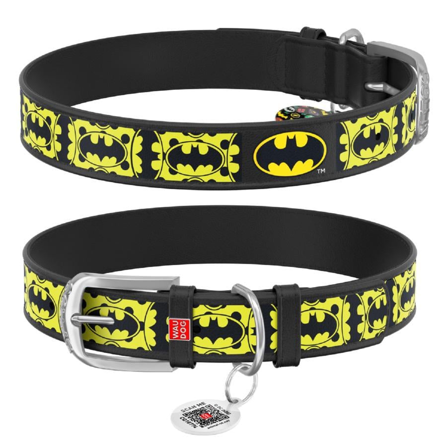 Ошейник для собак кожаный Waudog Design Бэтмен4 с QR паспортом L 25 мм 37-48 см