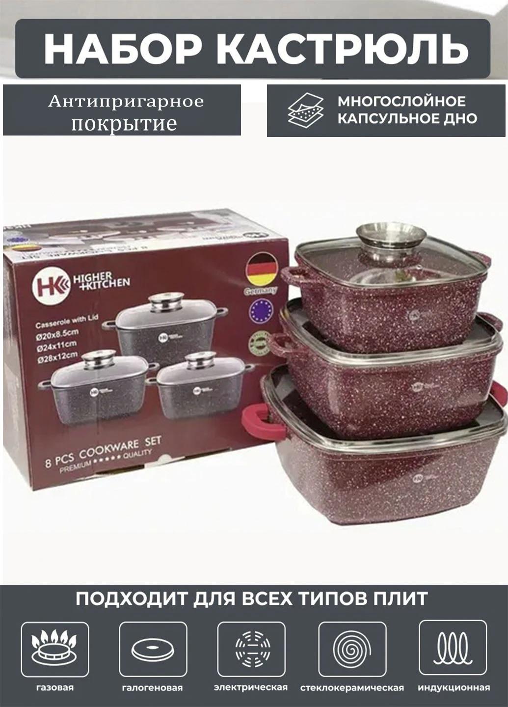 Набор кастрюль Higher Kitchen HK-302 с гранитным антипригарным покрытием 2,7/4,5/6,7 л Красный (02154484) - фото 2