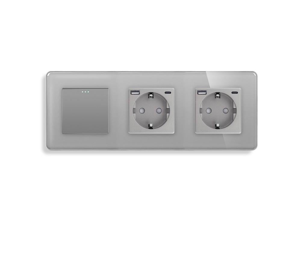 Выключатель проходной универсальный ELIOS с двумя розетками USB A+C 20Вт с заземлением/защитными шторками Серый