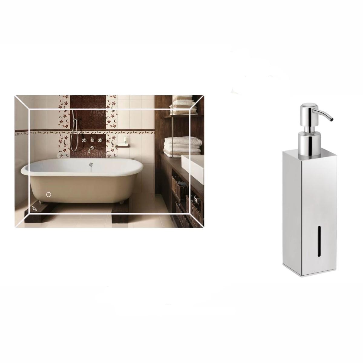 Зеркало настенное прямоугольное Q-tap Aries LED touch Switch Reverse 500х700 мм и дозатор для жидкого мыла квадратный Liberty CRM 1152-2