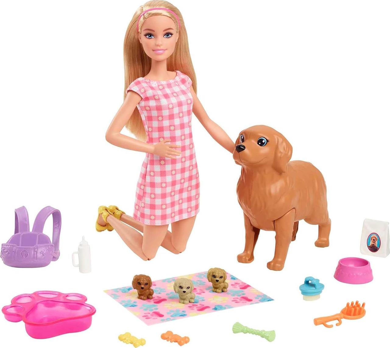 Лялька Barbie Blonde with Mommy Dog and Newborn Puppies із собакою та новонародженими цуценятами (HCK75)