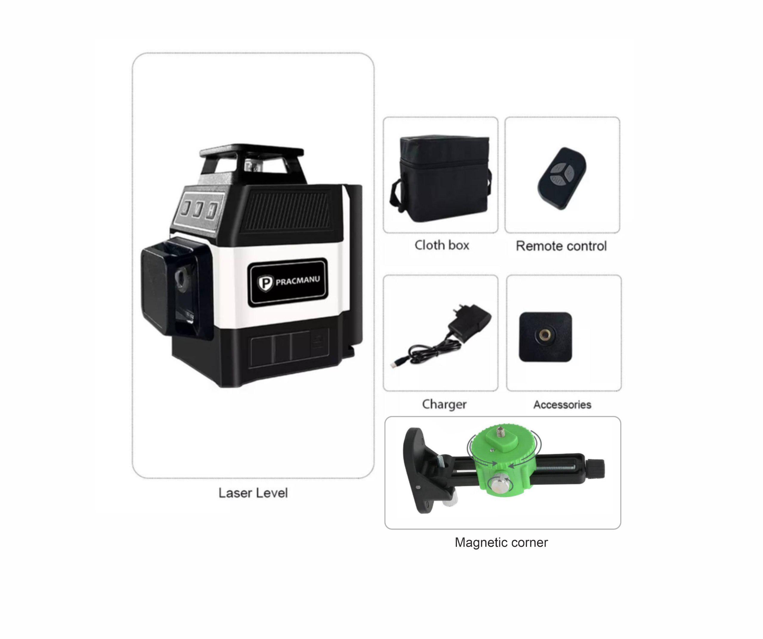 Уровень лазерный мини Pracmanu 3D 12 лучей зеленые линии/магнитный уголок (25812591) - фото 2