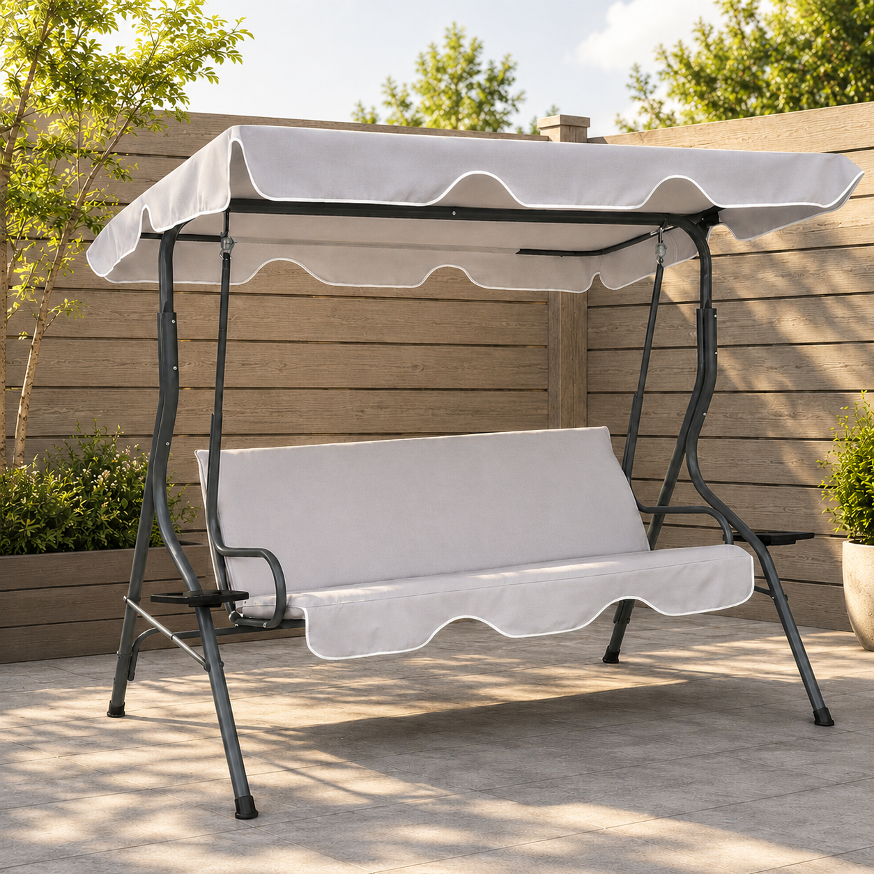Качеля садовая GardenLine KRE5422 трехместная с навесом и подстаканником 170x110x153 см Серый