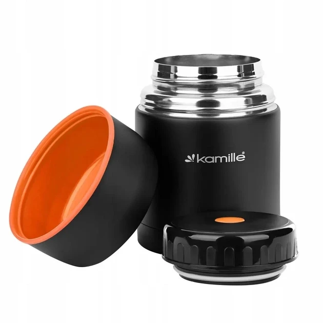 Термос харчовий з матовою поверхнею Kamille KM-2092А із нержавіючої сталі 500 мл Чорний/Помаранчевий (150-84-2092А)