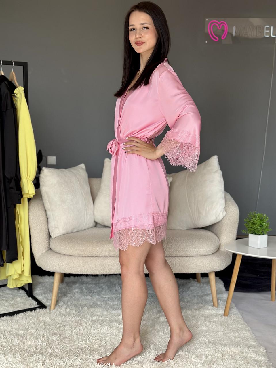Халат женский шелковый с кружевом 2XL Розовый (2694797940) - фото 6 Халат женский шелковый с кружевом 2XL Розовый (2694797940) - фото 6