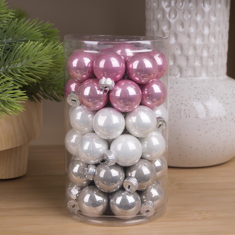 Шары новогодние из стекла 2,5 см 48 шт. Серый/Розовый/Белый (3354-9)