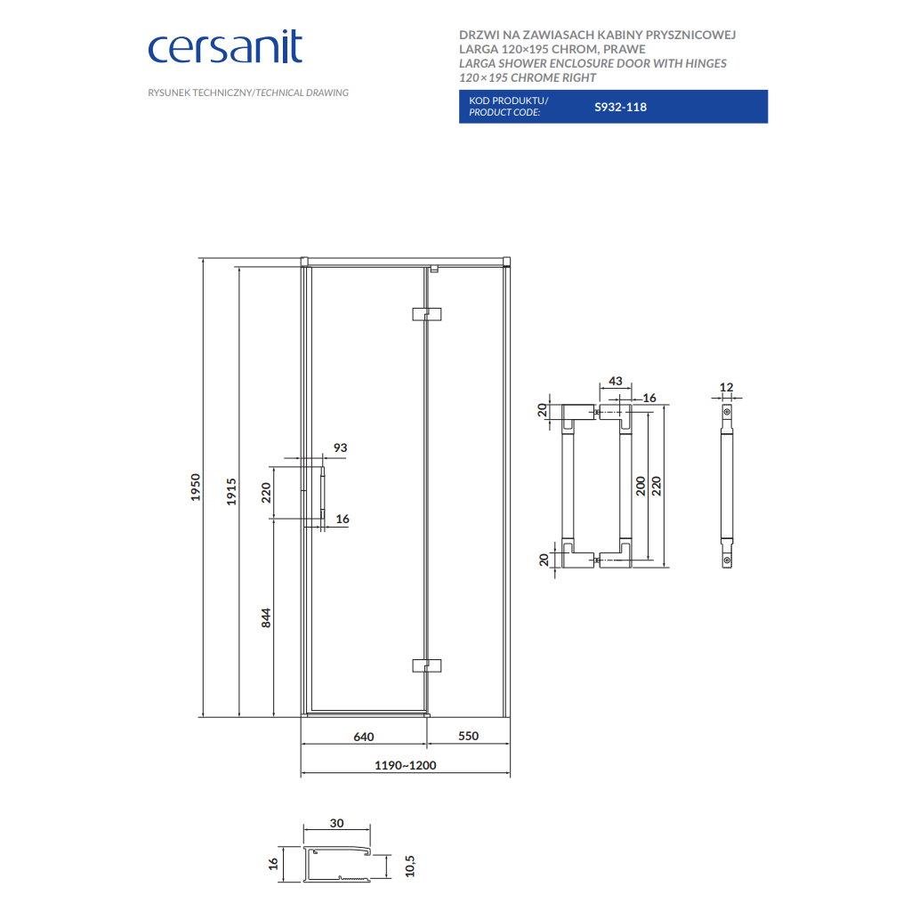 Душові двері у нішу Cersanit Larga R S932-118 120x195 см профиль Хром (227544) - фото 3
