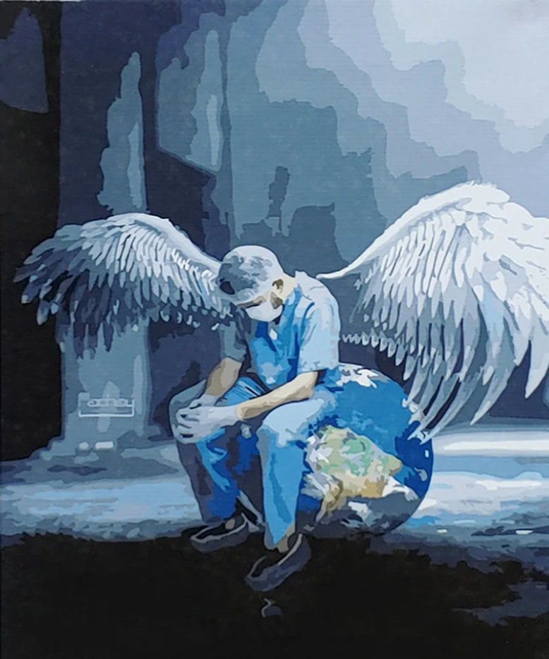 Картина по номерам Strateg Премиум Врачи оберегают Землю с лаком и уровнем 40x50 см (SY6913)