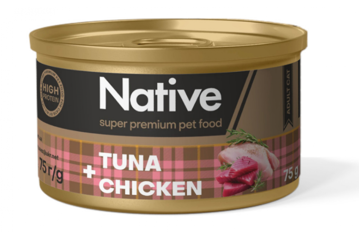Корм для котів натуральний консервований NATIVE з тунцем і куркою 75 г (2644182355)