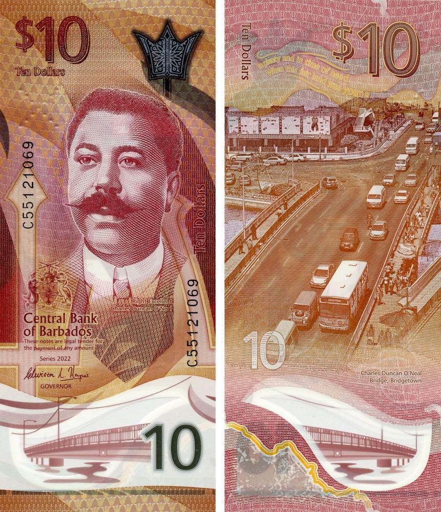 Коллекционная банкнота Барбадос 10 долларов 2022 Полимер UNC PW82 (Б18332)