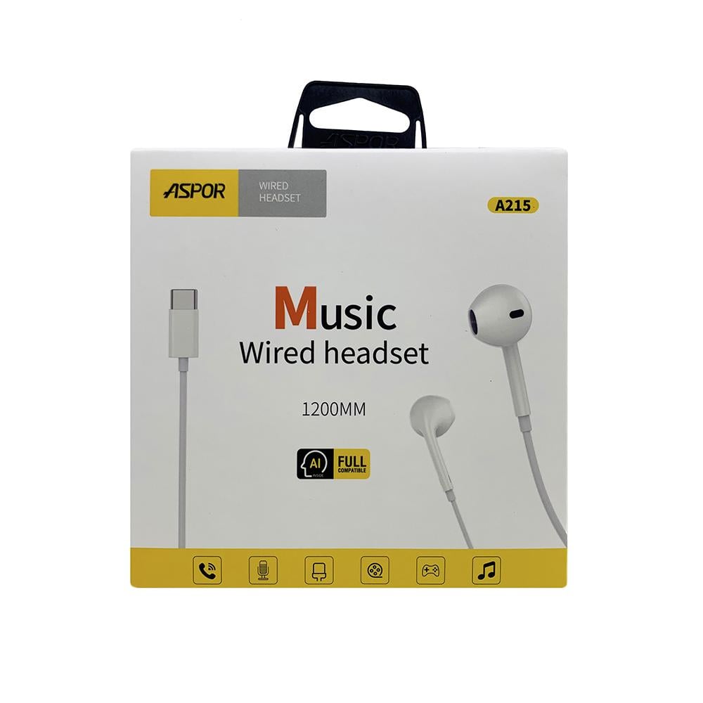 Навушники Type-C з мікрофоном Aspor A215 провідна гарнітура USB-C Білий (557-965121)