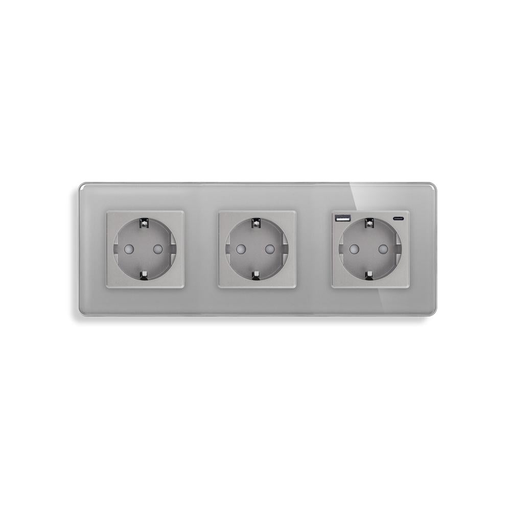 Розетка ELIOS с USB A+C 20Вт с заземлением/шторками 250В 16А стеклянная рамка Серый (TW-M3FGAC-GY)
