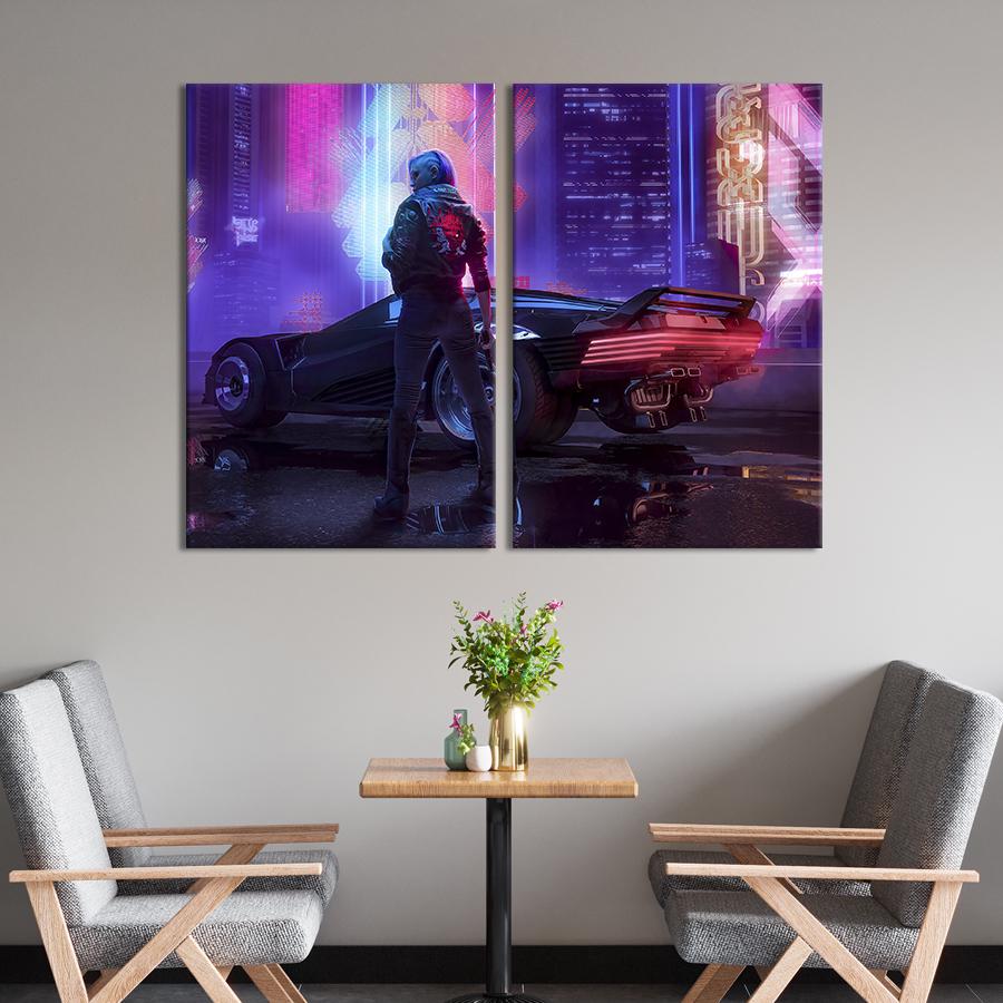 Настінний декор диптих картина на холсті для інтер’єру Героїня Кіберпанк 2077 71x51 см (657-2)