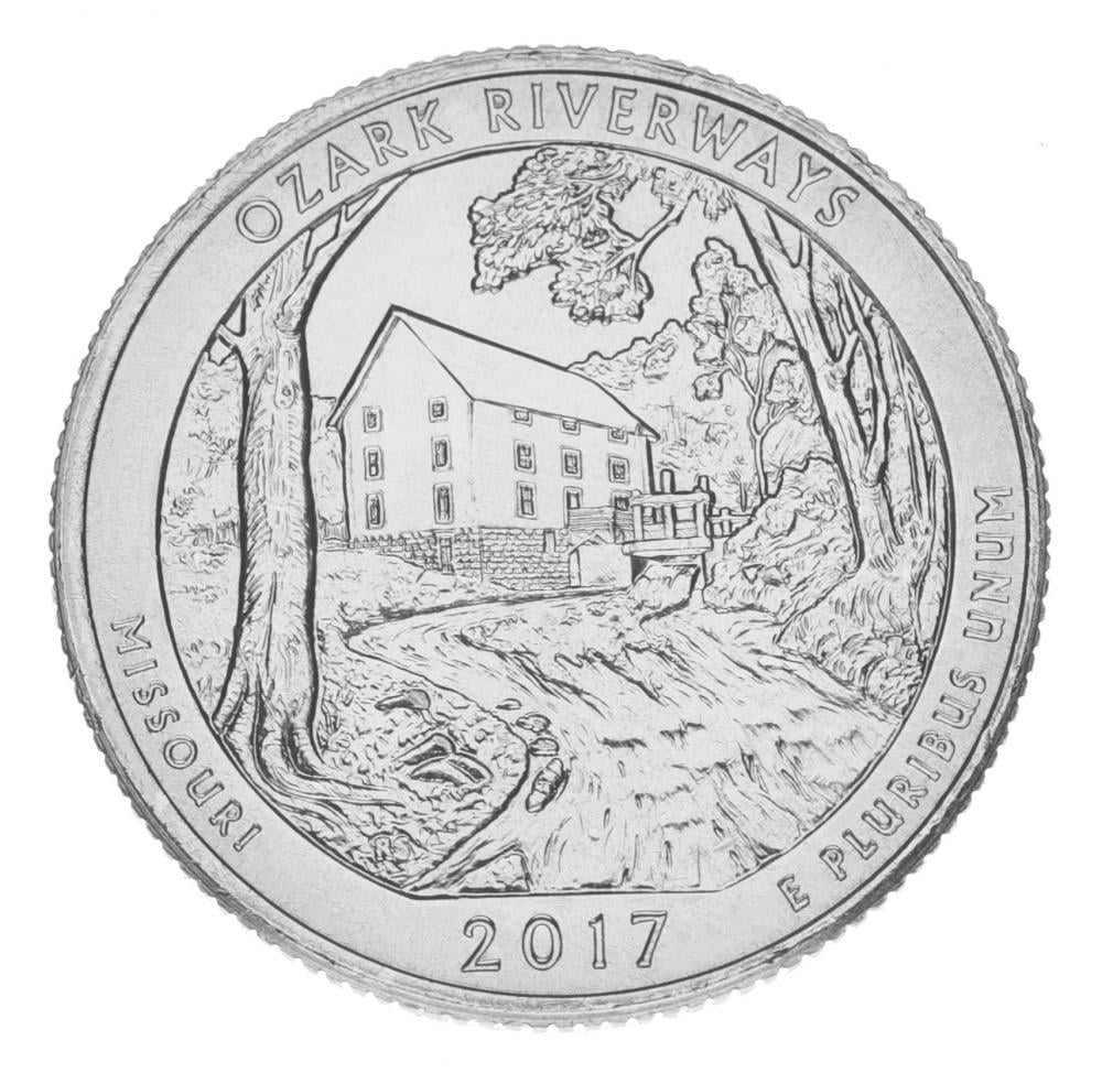 Коллекционная монета США 25 центов квотер 2017 P «Национальные парки Водные пути Озарк 38-й парк» UNC KM 655