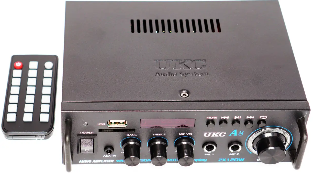 Підсилювач потужності звуку Bluetooth/USB/SD/FM/MP3/AUX караоке 2х канальний 2x120W UKC A8 (29510368)