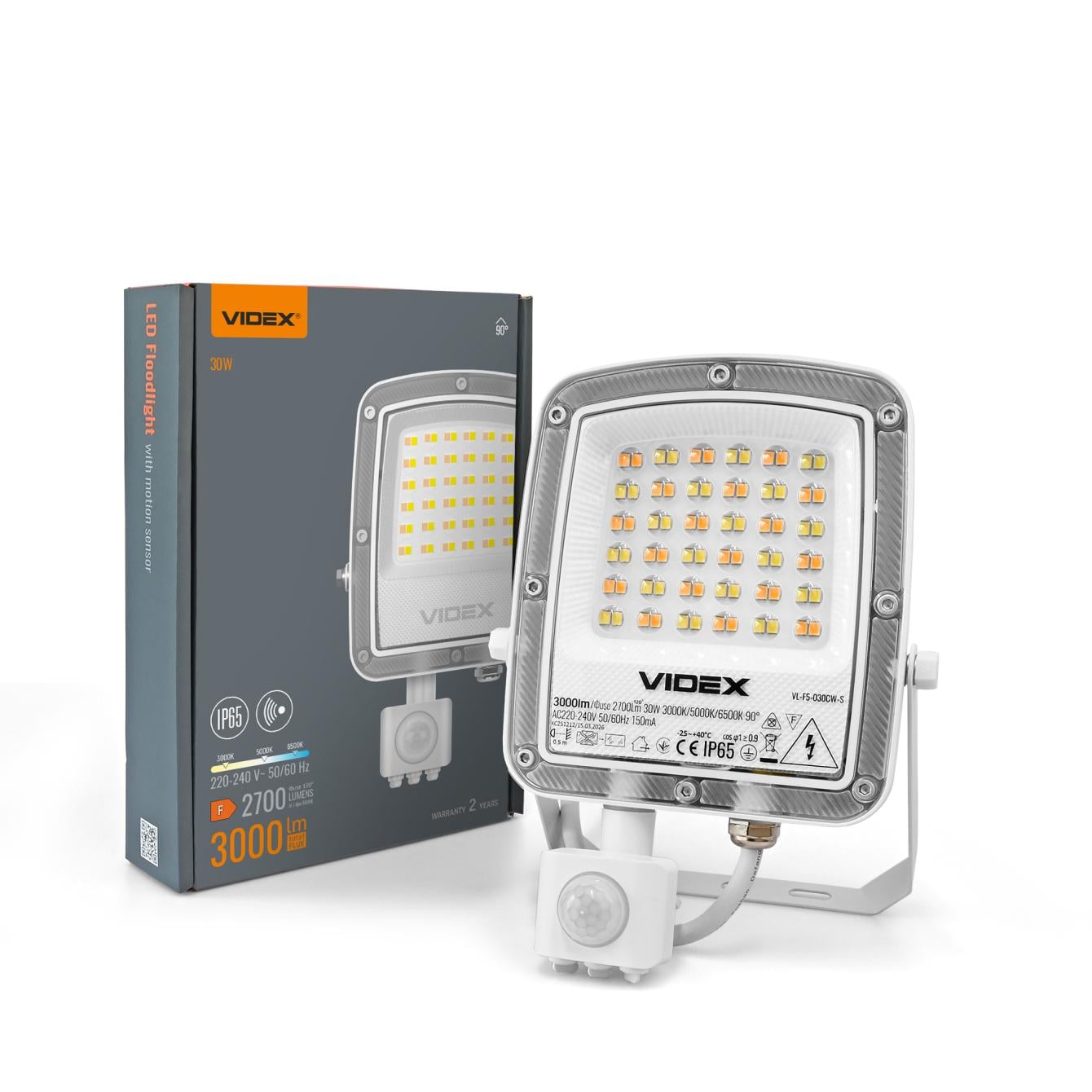 Прожектор LED Videx F5 VL-F5-030CW-S 30W 3000/400/6500K з датчиком руху 230V White (29261)