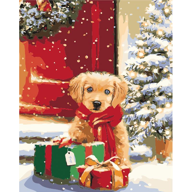 Картина по номерам Strateg Премиум Щенок с подарками с лаком и уровнем 40x50 см (GS1568)