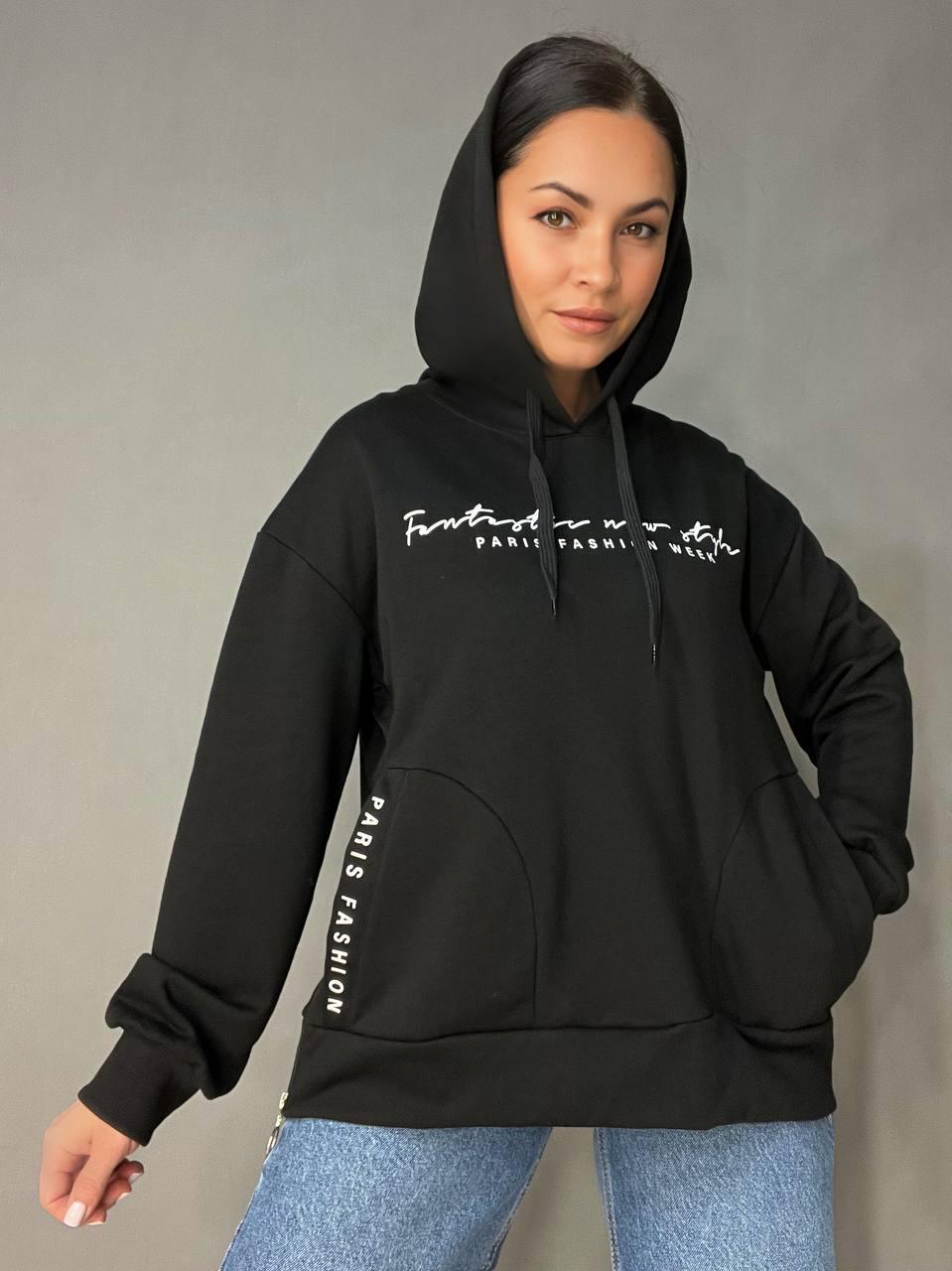 Худи женское JOGGY 8072 оверсайз с капюшоном удлиненное с карманами и молнией S Черный (3322) - фото 7 Худи женское JOGGY 8072 оверсайз с капюшоном удлиненное с карманами и молнией S Черный (3322) - фото 7