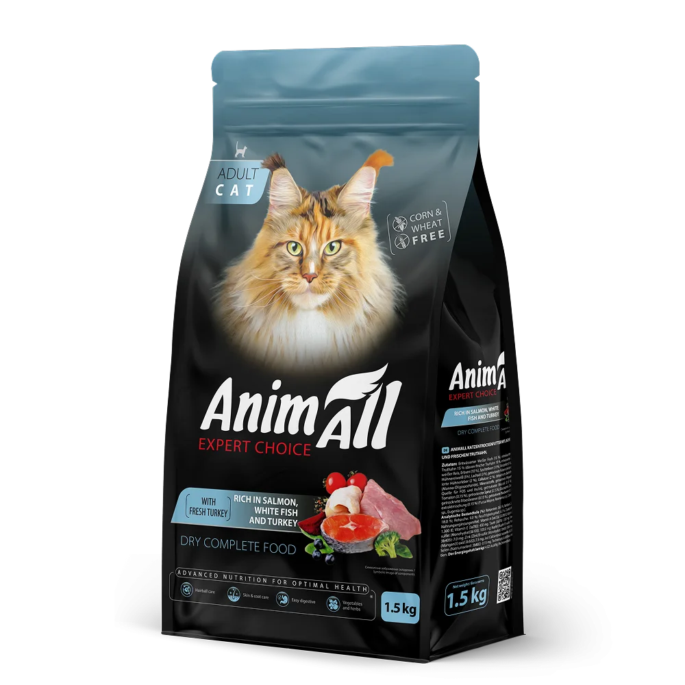Корм сухий AnimAll для дорослих котів з лососем білою рибою та свіжою індичкою 1,5 кг