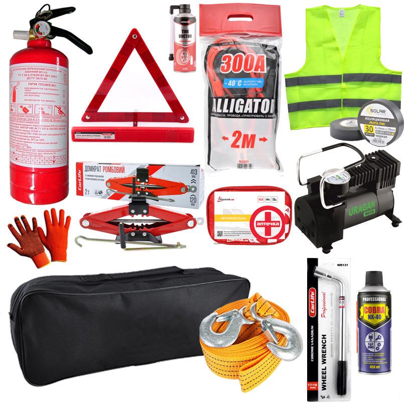 Набор ремонтный CarLife с домкратом/компрессором /аптечкой/огнетушителем/проводами (na_33) Набор ремонтный CarLife с домкратом/компрессором /аптечкой/огнетушителем/проводами (na_33)