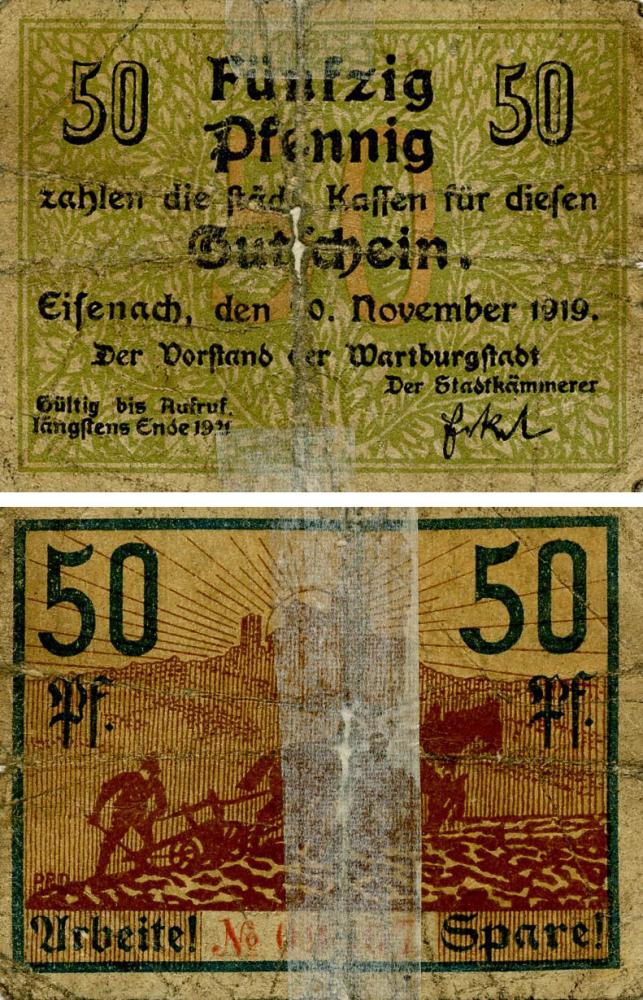 Коллекционная банкнота Германия Нотгельд 50 пфеннигов 1919 G-VG Айзенах (Б18645)