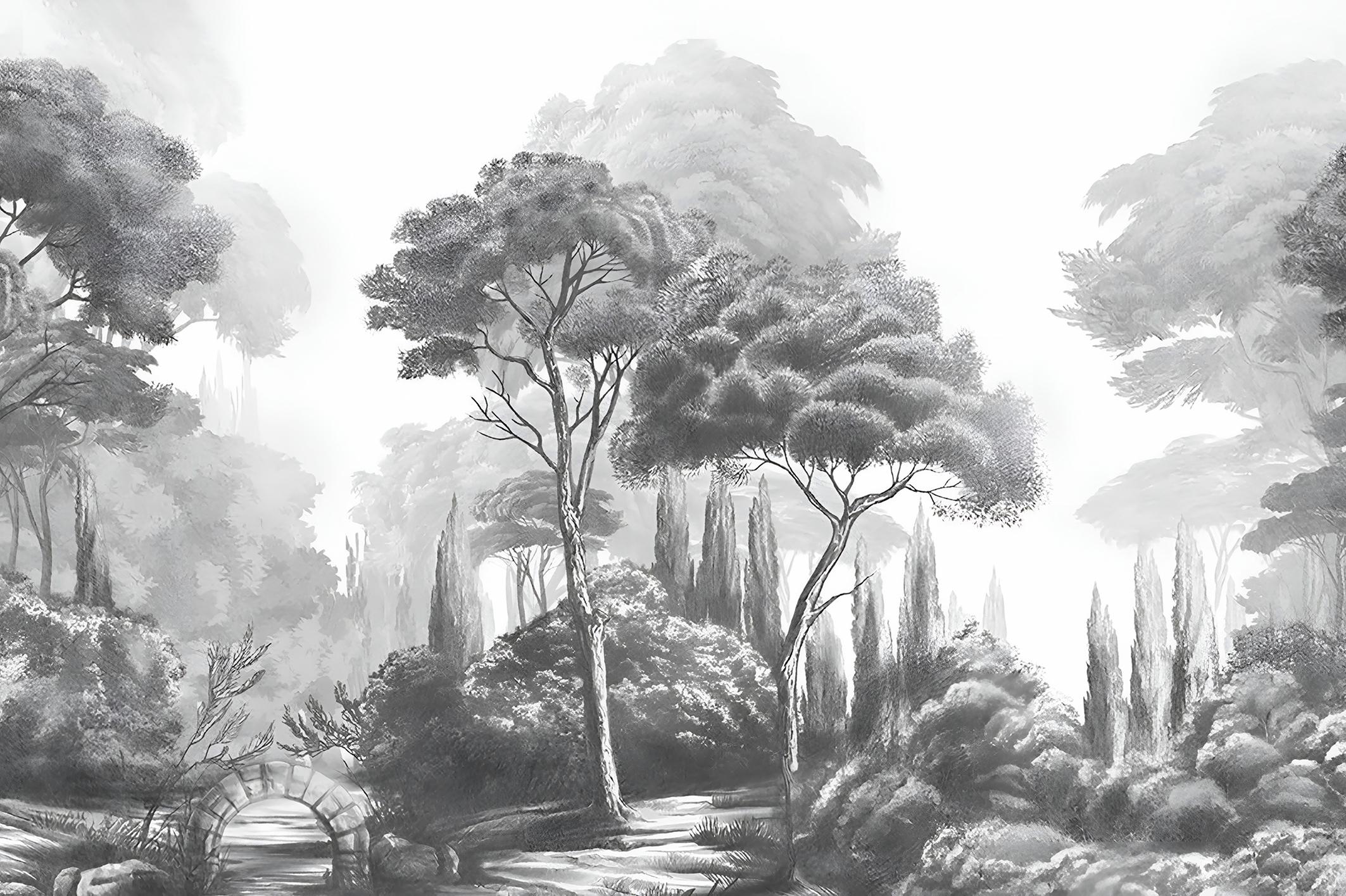 Фотообои флизелиновые Upstream винтажные Черно-белый лесной пейзаж с каменным мостиком 230х153 см (VINT-013/3)