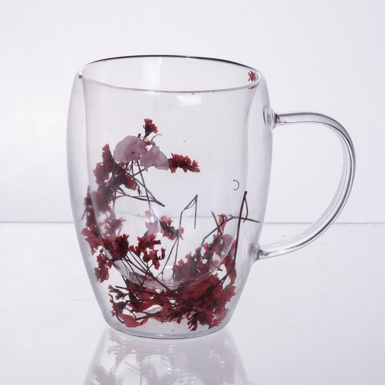 Чашки скляна з подвійними стінками з декором червоних сухоцвітів 350 мл (64486-41) - фото 2