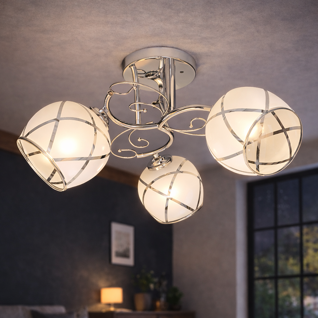 Люстра Valeso з трьома плафонами зі скла під лампу Е27 Хром (Ю 2348E/3 CR)