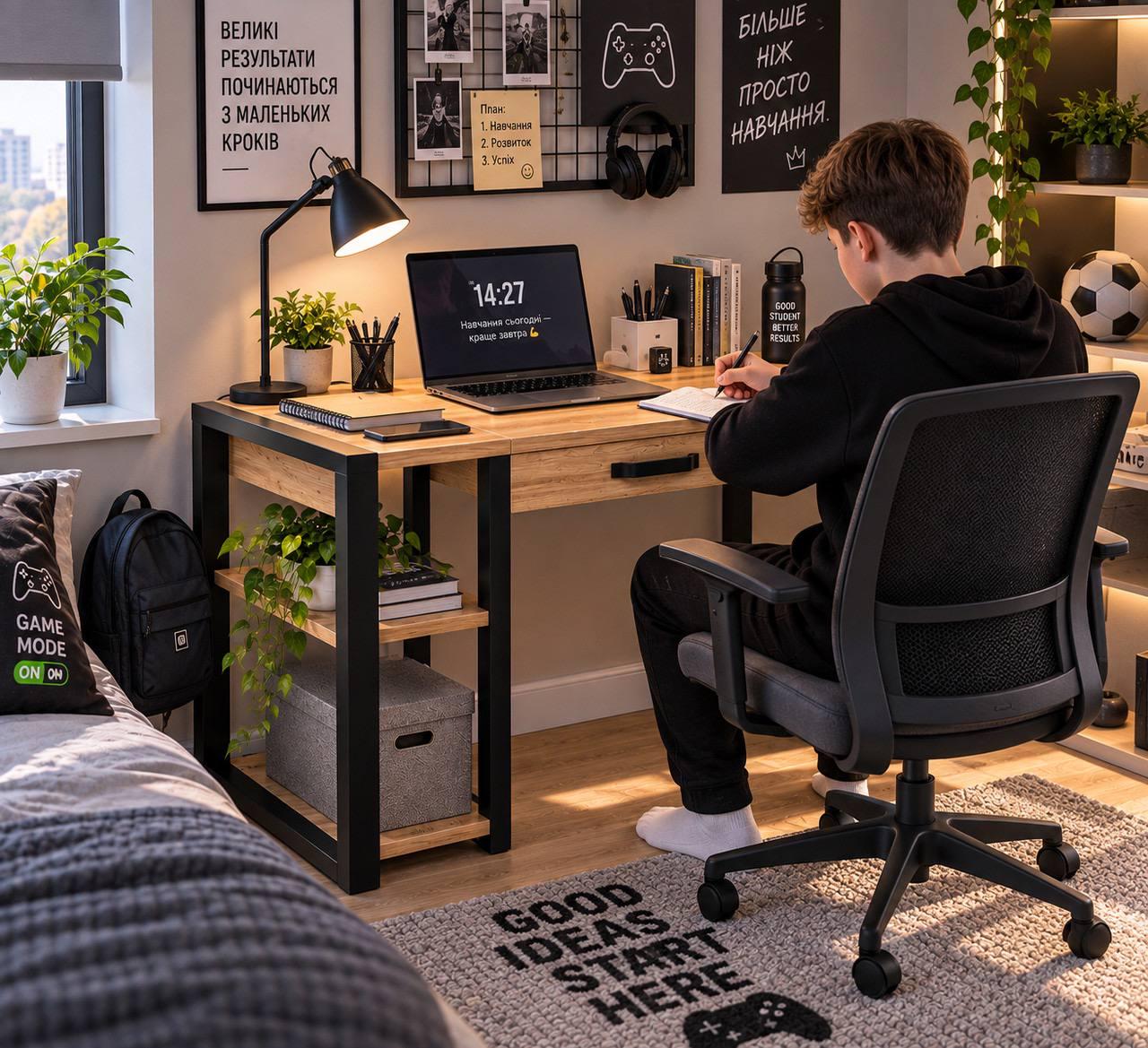 Стол рабочий Mebels Room с ящиком и полками Дуб крафт золотой