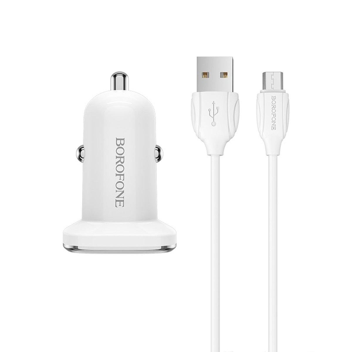 Автомобильное зарядное устройство Borofone BZ12A с кабелем USB to Micro USB 1 м White (BZ12AM)