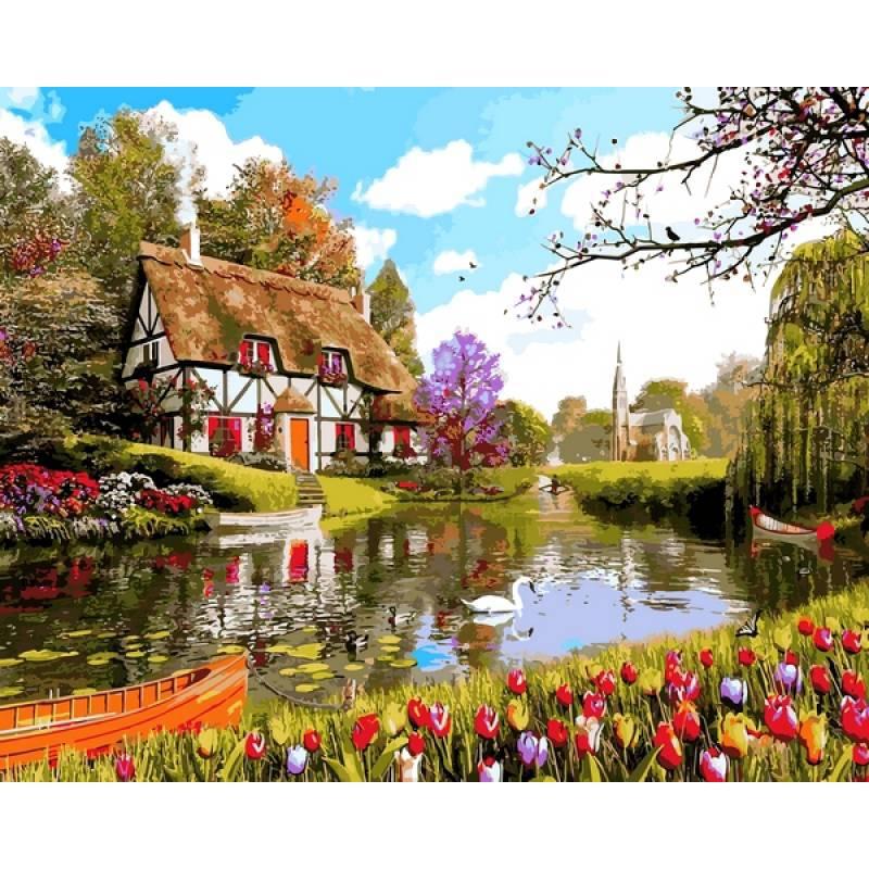 Картина за номерами Mariposa Будиночок серед тюльпанів Q2203 40х50 см