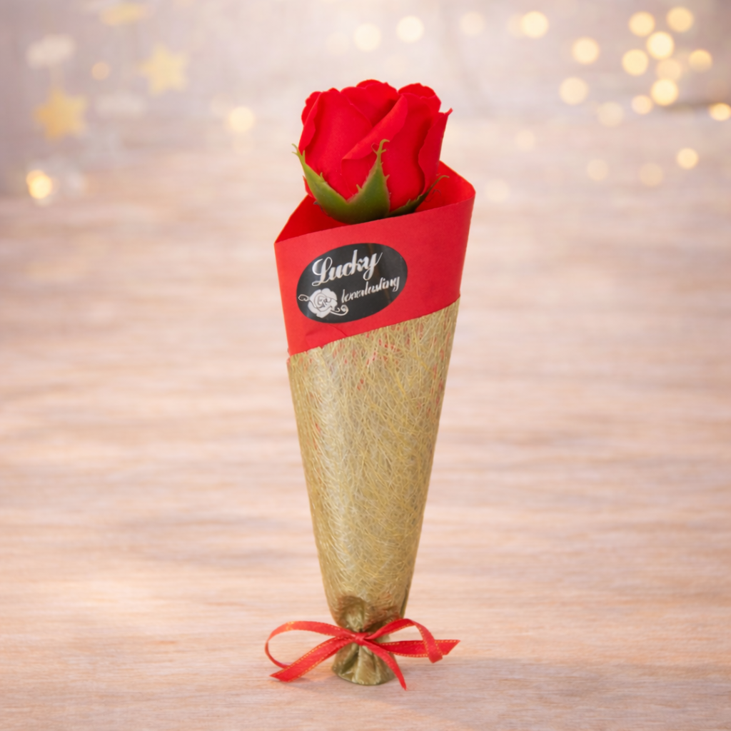 Троянда на ніжці мильна в упаковці-конусі 1 шт. Червоний