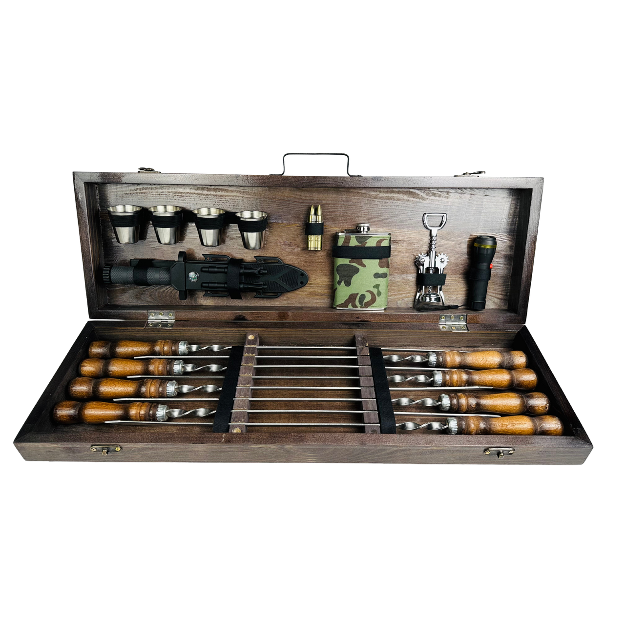 Набор шампуров туристический Милитари в деревянном кейсе из нержавеющей стали