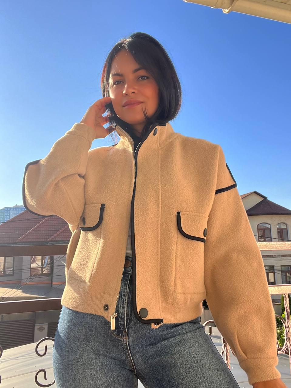 Жакет жіночий A-N 881 кардиган бомбер комір стійка на блискавці вовна альпаки OS Бежевий (1369) - фото 7