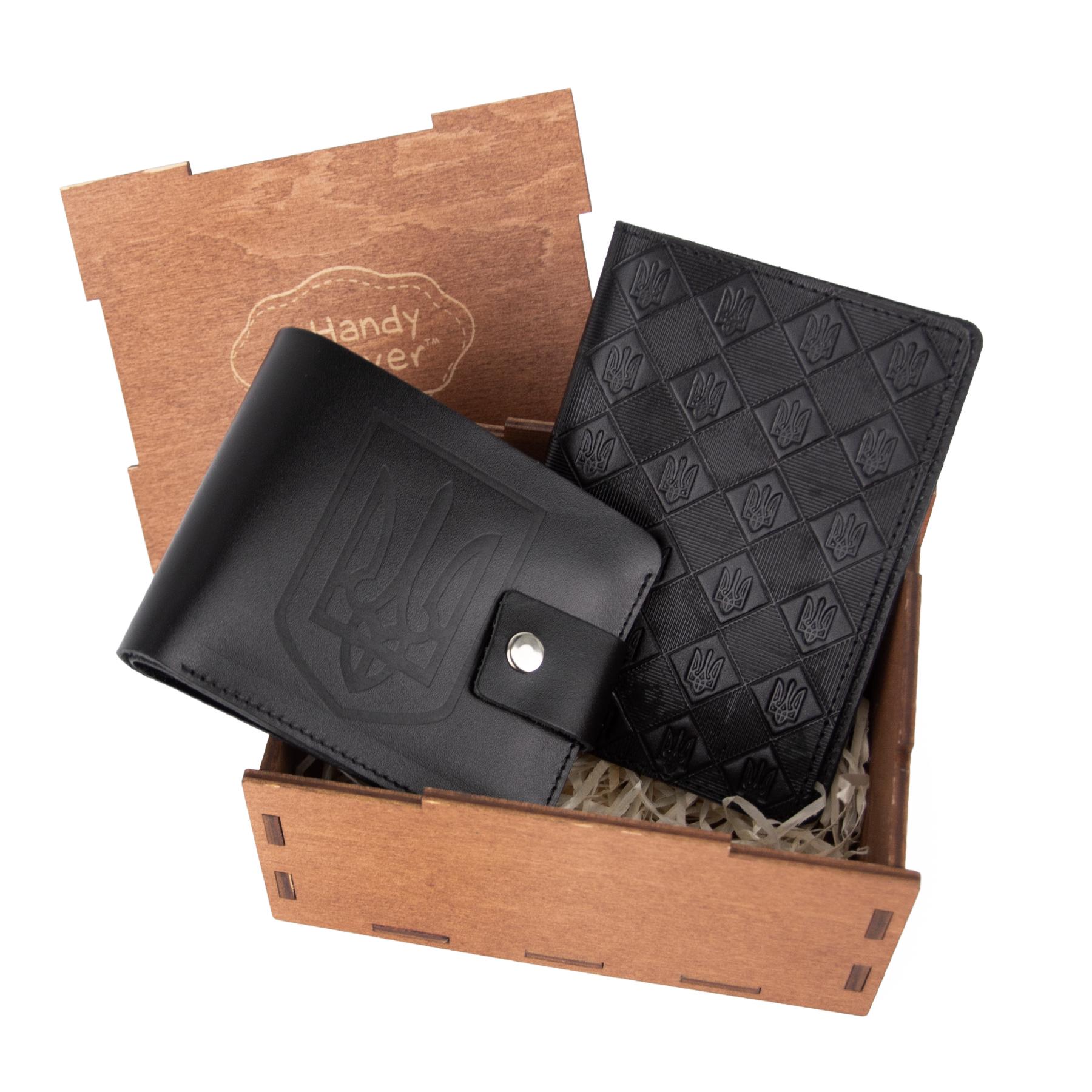 Подарочный набор мужской №113 портмоне и обложка на паспорт в коробке Черный (2905207262)