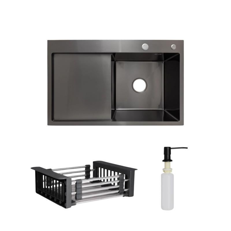 Комплект Lidz Handmade H7849BL мойка для кухни интегрированное крыло слева PVD/с дозатором/Lidz Black (2622386118)