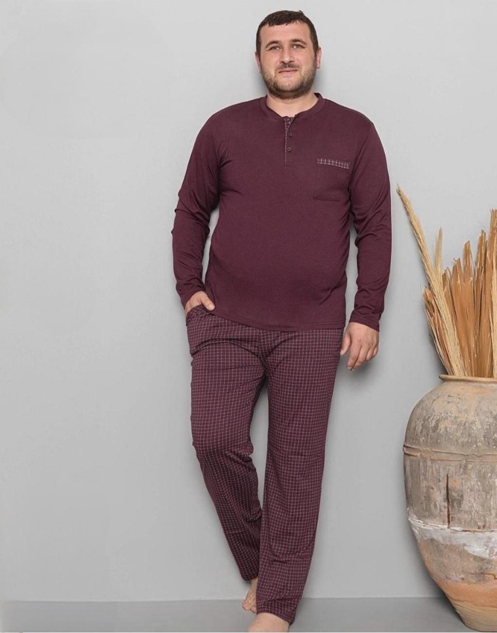 Пижама мужская хлопчатобумажная лонгслив и брюки в клетку 5XL Бургунди (PJ6720-12)