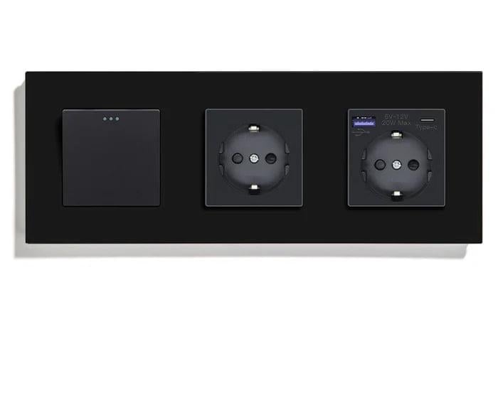 Выключатель перекрестный LUXION с розеткой USB A+C 20Вт с заземлением/защитными шторками Черный