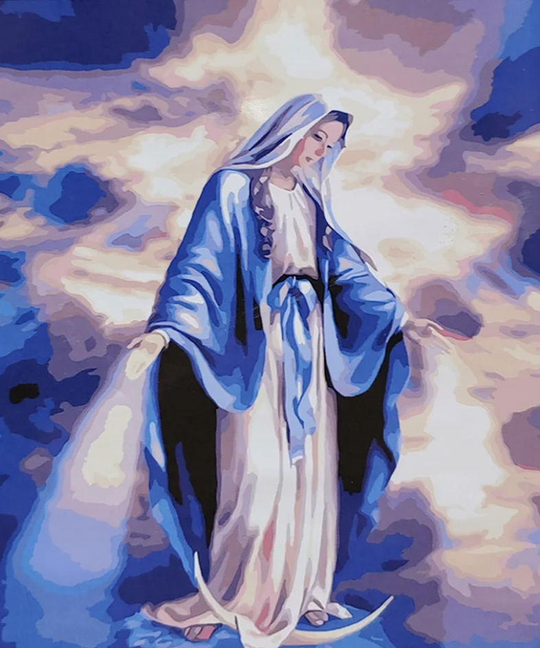 Картина по номерам Strateg Премиум Дева Мария в свете небес с лаком и уровнем 40x50 см (SY6721)