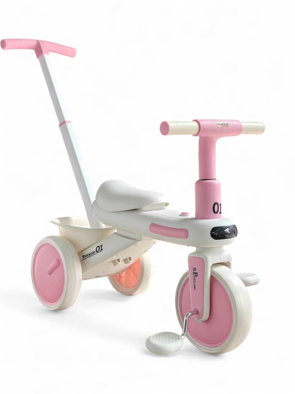Велосипед-биговел детский Tricycle 01 KE5189 трехколесный с родительской ручкой музыкальный с подсветкой пластик от 1,5 лет Розовый (KE5189-1r-s)